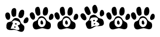 The image shows a row of animal paw prints, each containing a letter. The letters spell out the word Booboo within the paw prints.