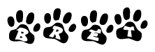 The image shows a series of animal paw prints arranged in a horizontal line. Each paw print contains a letter, and together they spell out the word Bret.