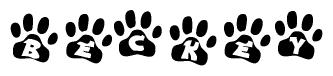 The image shows a series of animal paw prints arranged in a horizontal line. Each paw print contains a letter, and together they spell out the word Beckey.
