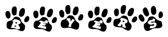 The image shows a series of animal paw prints arranged in a horizontal line. Each paw print contains a letter, and together they spell out the word Beyers.