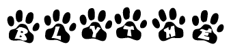 The image shows a row of animal paw prints, each containing a letter. The letters spell out the word Blythe within the paw prints.