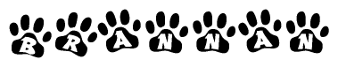 The image shows a row of animal paw prints, each containing a letter. The letters spell out the word Brannan within the paw prints.