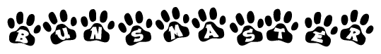 The image shows a series of animal paw prints arranged in a horizontal line. Each paw print contains a letter, and together they spell out the word Bunsmaster.