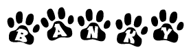 The image shows a series of animal paw prints arranged in a horizontal line. Each paw print contains a letter, and together they spell out the word Banky.