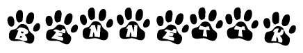 The image shows a series of animal paw prints arranged horizontally. Within each paw print, there's a letter; together they spell Bennettk