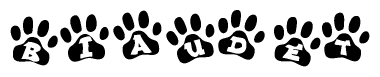 The image shows a series of animal paw prints arranged horizontally. Within each paw print, there's a letter; together they spell Biaudet