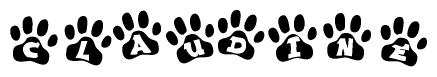 The image shows a series of animal paw prints arranged in a horizontal line. Each paw print contains a letter, and together they spell out the word Claudine.