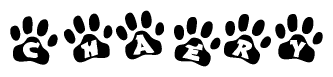 The image shows a series of animal paw prints arranged horizontally. Within each paw print, there's a letter; together they spell Chaery