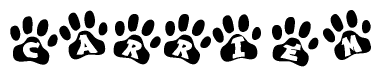 The image shows a row of animal paw prints, each containing a letter. The letters spell out the word Carriem within the paw prints.