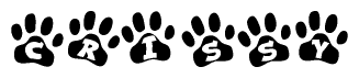The image shows a series of animal paw prints arranged in a horizontal line. Each paw print contains a letter, and together they spell out the word Crissy.