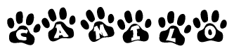 The image shows a series of animal paw prints arranged horizontally. Within each paw print, there's a letter; together they spell Camilo