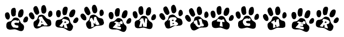 The image shows a row of animal paw prints, each containing a letter. The letters spell out the word Carmenbutcher within the paw prints.