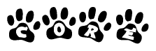 The image shows a series of animal paw prints arranged in a horizontal line. Each paw print contains a letter, and together they spell out the word Core.