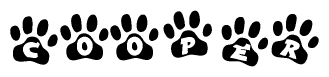 The image shows a series of animal paw prints arranged in a horizontal line. Each paw print contains a letter, and together they spell out the word Cooper.