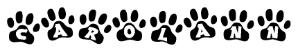 The image shows a series of animal paw prints arranged horizontally. Within each paw print, there's a letter; together they spell Carolann