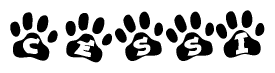 The image shows a series of animal paw prints arranged in a horizontal line. Each paw print contains a letter, and together they spell out the word Cessi.
