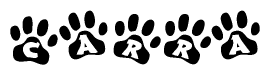 The image shows a series of animal paw prints arranged in a horizontal line. Each paw print contains a letter, and together they spell out the word Carra.