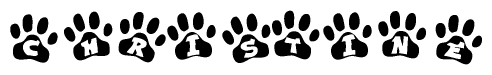 The image shows a series of animal paw prints arranged in a horizontal line. Each paw print contains a letter, and together they spell out the word Christine.