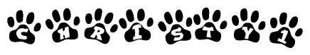 The image shows a series of animal paw prints arranged horizontally. Within each paw print, there's a letter; together they spell Christy1