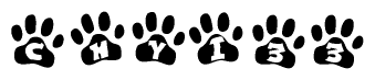 The image shows a series of animal paw prints arranged horizontally. Within each paw print, there's a letter; together they spell Chyi33