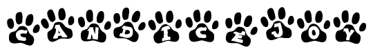 The image shows a row of animal paw prints, each containing a letter. The letters spell out the word Candicejoy within the paw prints.