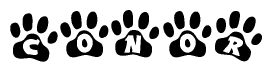 The image shows a series of animal paw prints arranged in a horizontal line. Each paw print contains a letter, and together they spell out the word Conor.
