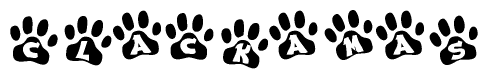 The image shows a series of animal paw prints arranged horizontally. Within each paw print, there's a letter; together they spell Clackamas