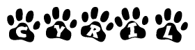 The image shows a series of animal paw prints arranged horizontally. Within each paw print, there's a letter; together they spell Cyril
