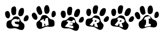 The image shows a series of animal paw prints arranged in a horizontal line. Each paw print contains a letter, and together they spell out the word Cherri.