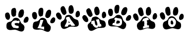 The image shows a series of animal paw prints arranged in a horizontal line. Each paw print contains a letter, and together they spell out the word Claudio.