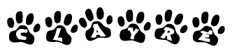 The image shows a series of animal paw prints arranged in a horizontal line. Each paw print contains a letter, and together they spell out the word Clayre.
