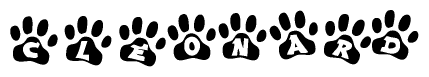 The image shows a series of animal paw prints arranged in a horizontal line. Each paw print contains a letter, and together they spell out the word Cleonard.