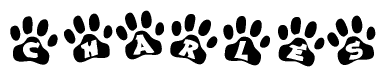 The image shows a series of animal paw prints arranged in a horizontal line. Each paw print contains a letter, and together they spell out the word Charles.