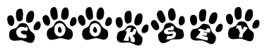 The image shows a row of animal paw prints, each containing a letter. The letters spell out the word Cooksey within the paw prints.