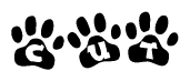 The image shows a series of animal paw prints arranged horizontally. Within each paw print, there's a letter; together they spell Cut