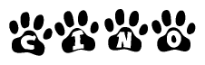 The image shows a series of animal paw prints arranged in a horizontal line. Each paw print contains a letter, and together they spell out the word Cino.