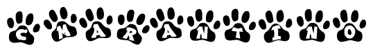 The image shows a row of animal paw prints, each containing a letter. The letters spell out the word Cmarantino within the paw prints.