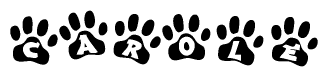 The image shows a series of animal paw prints arranged horizontally. Within each paw print, there's a letter; together they spell Carole