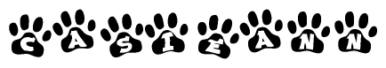 The image shows a row of animal paw prints, each containing a letter. The letters spell out the word Casieann within the paw prints.