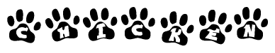 The image shows a series of animal paw prints arranged horizontally. Within each paw print, there's a letter; together they spell Chicken