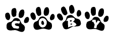 The image shows a series of animal paw prints arranged in a horizontal line. Each paw print contains a letter, and together they spell out the word Coby.