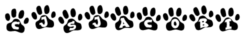 The image shows a series of animal paw prints arranged horizontally. Within each paw print, there's a letter; together they spell Cjsjacobi