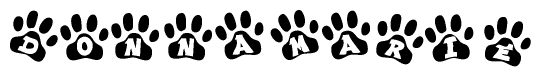 The image shows a series of animal paw prints arranged horizontally. Within each paw print, there's a letter; together they spell Donnamarie