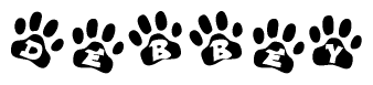 The image shows a series of animal paw prints arranged horizontally. Within each paw print, there's a letter; together they spell Debbey