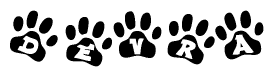 The image shows a series of animal paw prints arranged horizontally. Within each paw print, there's a letter; together they spell Devra
