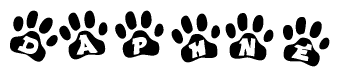 The image shows a series of animal paw prints arranged in a horizontal line. Each paw print contains a letter, and together they spell out the word Daphne.