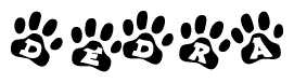 The image shows a series of animal paw prints arranged horizontally. Within each paw print, there's a letter; together they spell Dedra
