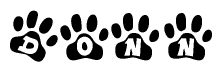The image shows a series of animal paw prints arranged in a horizontal line. Each paw print contains a letter, and together they spell out the word Donn.