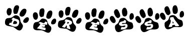 The image shows a row of animal paw prints, each containing a letter. The letters spell out the word Deressa within the paw prints.