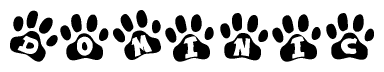 The image shows a row of animal paw prints, each containing a letter. The letters spell out the word Dominic within the paw prints.